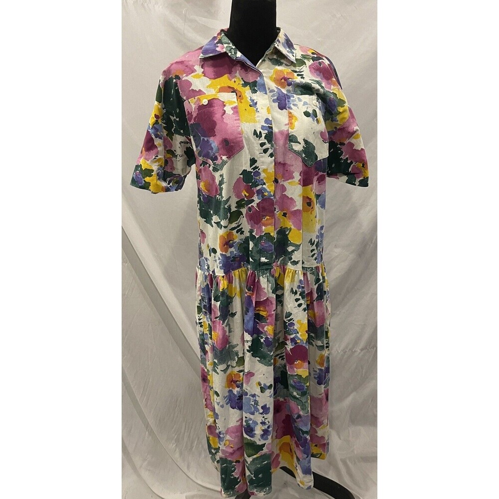Vintage 80s Lisa II Floral Shirt Dress dropped waist Watercolor Midi M/L